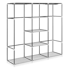 a metal shelf with four shelves on each side