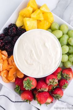 a white bowl filled with fruit and dip