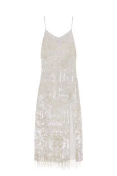 Thousands of shimmering moonbeam colour sequins shine silvery white on this refined slip dress. Fringing made of delicate glass beads hangs loosely and shimmers as you move. All of the embellishment is hand beaded by artisans, creating a dress that will be treasured for a lifetime. It has a scoop neck, adjustable straps, and thigh split. A perfect bridal option. Dry Clean Only 94% Polyester, 6% Elastane WE RECOMMEND YOU ORDER YOUR USUAL SIZE Sequin Spaghetti Strap Dress For Wedding, Elegant White Glitter Dress, Embellished Spaghetti Strap Sequin Wedding Dress, Elegant Sequin Fabric For Summer Festivals, Elegant Sequin Fabric For Festive Summer Occasions, Elegant Sequin Dress With Spaghetti Straps For Wedding, Elegant Sequin Fabric For Summer Gala, Elegant Sequin Wedding Dress With Spaghetti Straps, Elegant Summer Sequin Fabric With Glitter