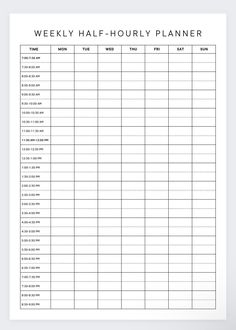 a printable weekly half - hour planner