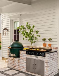 an outdoor grill with a potted plant on top