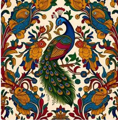 an ornately decorated tile with peacocks and flowers