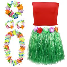 a woman wearing a green skirt, red top and flower leis with the number 50 on it