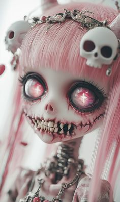 a close up of a doll with pink hair and skull decorations on it's head