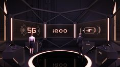 two people are standing in a futuristic room