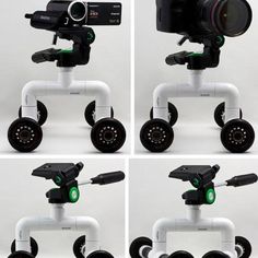 four different views of a camera on wheels