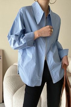 Solid Zip Up Oversized Shirt Fabric: 100% cotton Lapel Collar Shirt, Long Collar Shirt For Women, Blue Blouse Outfit, Long Collar Shirt, Shirt With Zipper, Zipper Shirt, Big Collar, Ex Machina, Moda Vintage