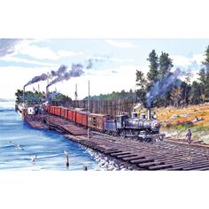 a painting of a train traveling down tracks next to the ocean with seagulls flying around