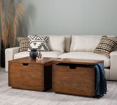 a living room with a couch, coffee table and two storage boxes on the floor