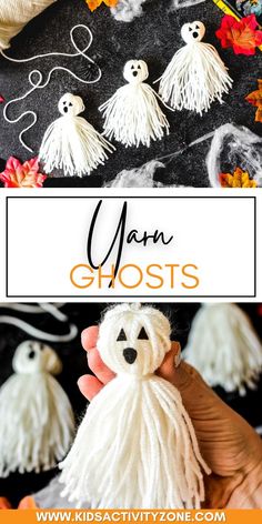 yarn ghost craft for kids with text overlay that says yarn ghosts on black background