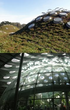 there are two different views of the top and bottom of a building with grass growing on it