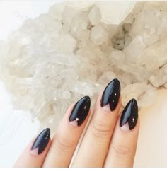 Almond nails- reversed french manicure- black nails Stiletto Almond Nails, Reverse French Manicure, White Lace Nails, Gradation Nails, Black Almond Nails, Reverse French, Gucci Nails, Evil Eye Nails, Nails Shape