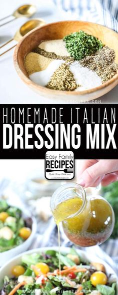 homemade italian dressing mix in a bowl with spoons and seasoning on the side