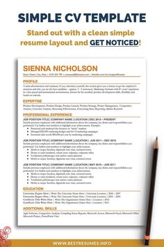 a simple resume template with orange accents