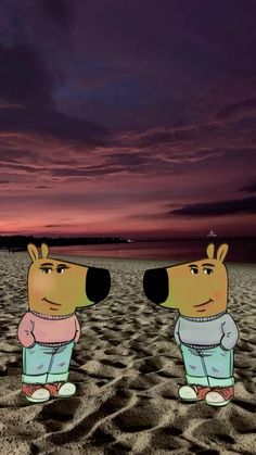 two cartoon characters are standing in the sand at night, facing each other with their eyes closed