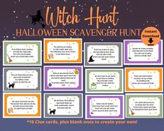 a halloween scavenger hunt with witches and pumpkins on the side, which includes cards