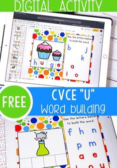 the cvce u word building game is shown on an ipad and has cupcakes