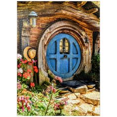 a painting of a blue door with flowers in the foreground