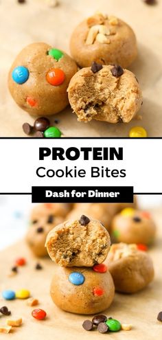 chocolate chip cookie bites are stacked on top of each other with the words protein cookie bites