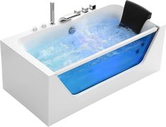 a white bath tub with blue water in the middle and black faucet handles