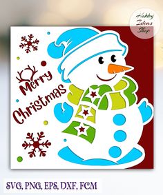 a christmas card with a snowman wearing a hat and scarf