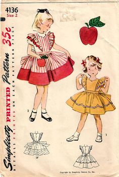 1950s Simplicity 4136 Vintage Sewing Pattern Toddler Girls 1950s Girls, Vintage Vogue Sewing Patterns, Children's Dresses, Kids Sewing, Sunbonnet Sue, Vintage Dress Patterns, Motif Vintage, Ruffled Dress, Children's Fashion