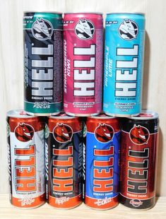 six cans of energy drink stacked on top of each other