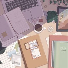 an image of a desk with laptops, papers and other things on it that are scattered around