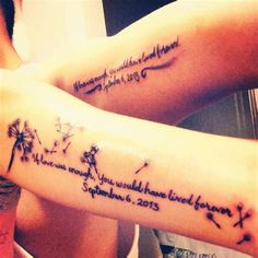 two people with tattoos on their arms that have words and dandelions written on them