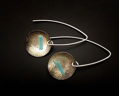 "Casual EnamelArt drop earrings feature opaque turquoise & transparent vitreous enamel on round concave Fine Silver discs, suspended from a Sterling silver ear wire. Exposed areas of discs are oxidized. Discs measure approx. 5/8\" in diameter, total length of earrings approx. 1 3/8\"." Handmade Silver Enamel Earrings, Sterling Silver Drop Earrings With Black Enamel, Silver Enamel Oval Pendant Jewelry, Sterling Silver Black Enamel Drop Earrings, Artistic Silver Enamel Earrings, Enameling Jewelry, Vitreous Enamel, Ear Wire, Fine Silver