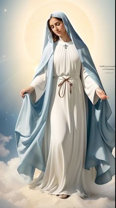 a painting of the immaculate mary in white and blue robes with her hands on her hips