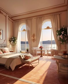 a bedroom with large windows overlooking the water