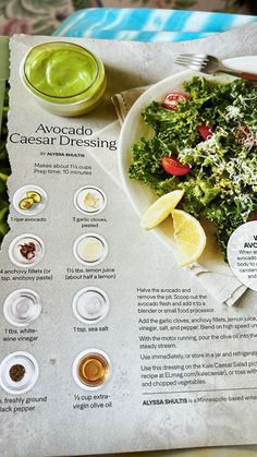 the recipe book is open to show what it's like to eat with avocado and caesar dressing