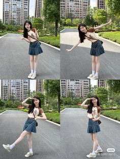 four different pictures of a woman posing in the street