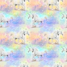 an image of a white horse on a pastel background with rainbows and stars