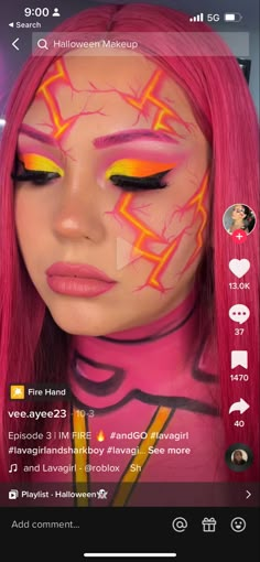 Lava Makeup Looks, Pink Flame Makeup, Lava Girl Makeup Halloween, Lavagirl Halloween Costume, Lava Girl Costume Adult, Lava Girl Costume Women, Pink Haired Halloween Costumes, Pink Wig Halloween Costume Ideas, Lava Girl Costume Diy