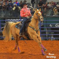 a woman riding on the back of a brown horse in front of an arena full of people