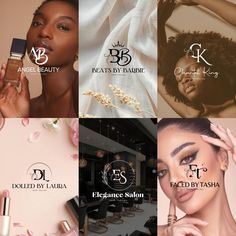 the logos for beauty products are shown in four different pictures, including one woman's face and two women's hands