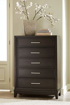 Neymorton Dark Grayish Brown Chest of Drawers - Ornate Home Contemporary Arrangements, Brown Chest Of Drawers, High Chest Of Drawers, Brown Nightstands, Greyish Brown, Ornate Furniture, Upholstered Fabric, Wood Dust, Metal Bar