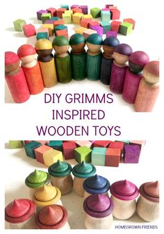 some wooden toys are arranged in the shape of rainbows and crayons with text overlay that says diy grims inspired wooden toys