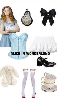 alice in wonderland costume and accessories including a white dress, blue corset, black stockings