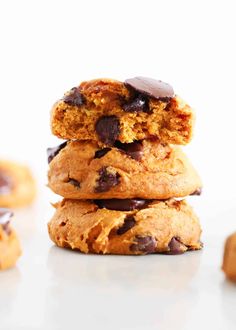 chocolate chip cookies stacked on top of each other