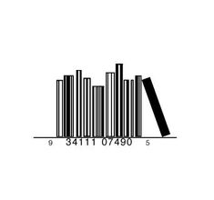 the bar code is shown in black and white, with an image of buildings behind it