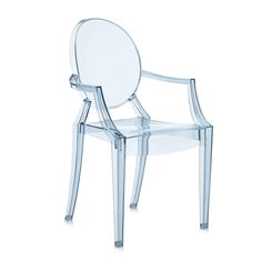 a clear plastic chair with an oval back and arms