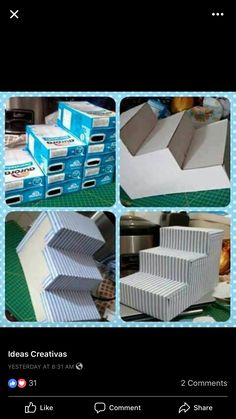 four different pictures of boxes stacked on top of each other and one has been cut open