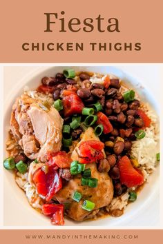 a white plate topped with chicken and beans