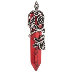 Fall into a fun crafting adventure with adorable jewelry adornments! Red Dyed Imitation Stone With Rose Metal Cap is made with an imitation red turquoise dagger shape which is wrapped with metal leaves and flowers. Add it to a cord or chain for lots of unique style!       Details:          Length: 2 3/16"       Width: 1/2"  Metal Color: Pewter         Card contains 1 pendant. Red Princess Aesthetic, Steampunk Background, Red Kingdom, Artifact Art, Red Princess, Jewelry Charms Pendants, How To Wrap Flowers, Rock Jewelry, Art Earrings