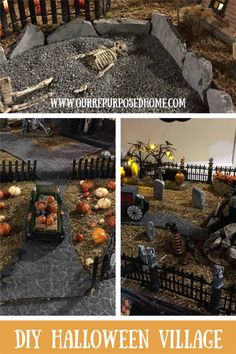 an outdoor halloween village with pumpkins, skeletons and tombstones on the ground for decoration