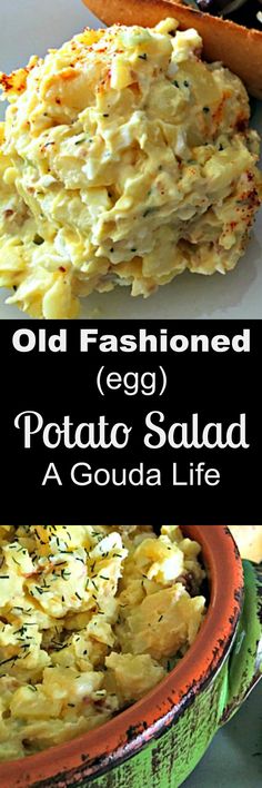 an old fashioned egg potato salad is shown in two separate images, and the same one has