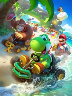 mario kart and donkey kong racing on the beach with other characters in the background